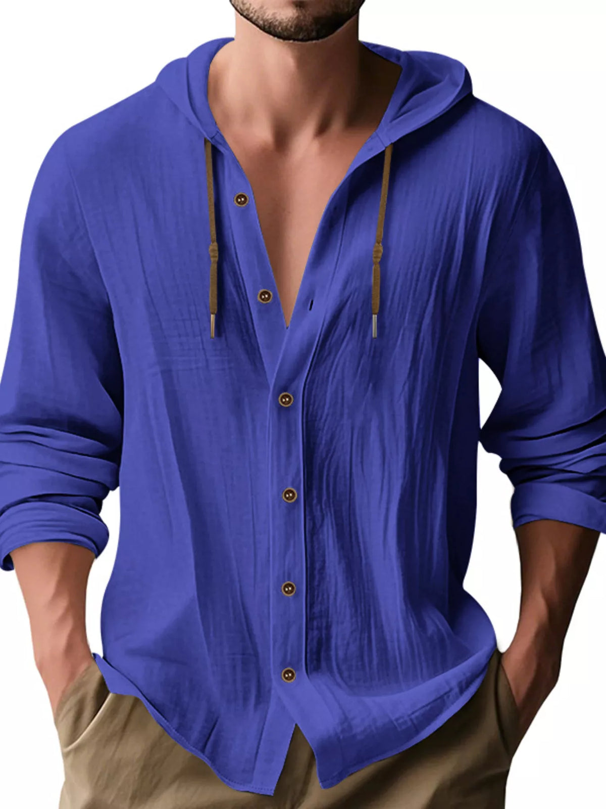 Men's royal blue linen hooded button shirt with drawstring, long sleeves