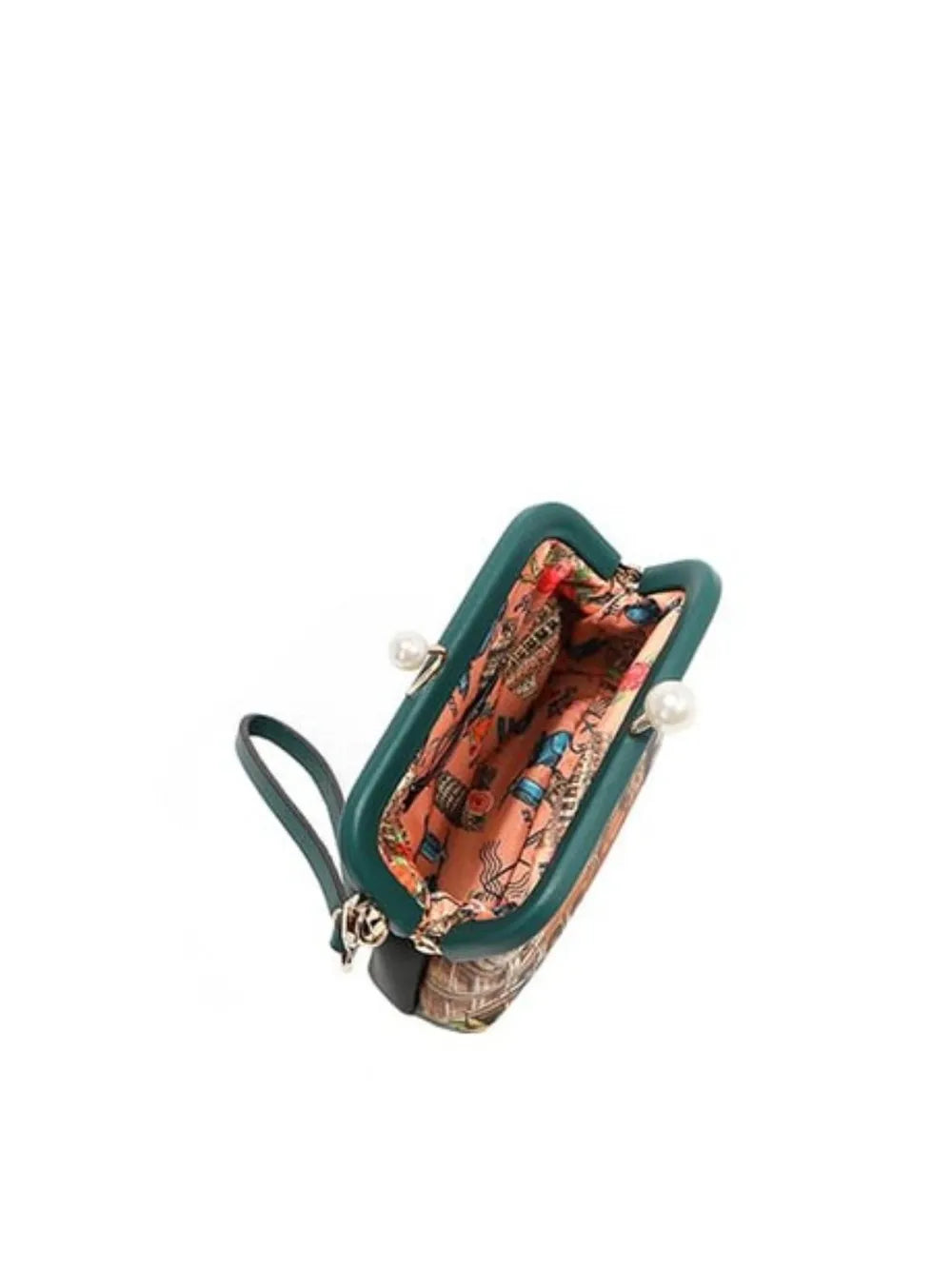 Chelsea kiss-lock coin purse open top, shows interior with Italy print