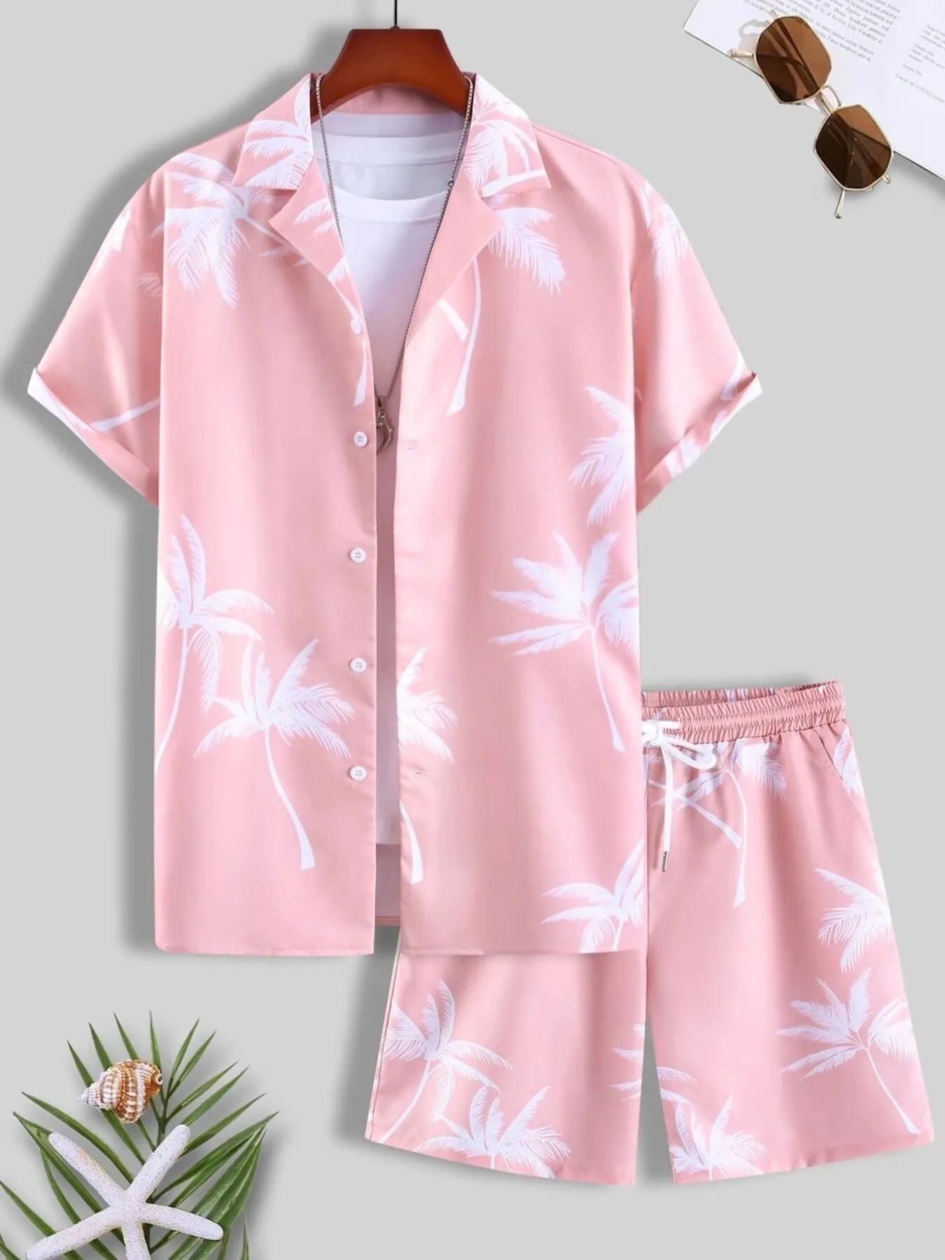 Pink palm print button-up shirt and matching shorts set