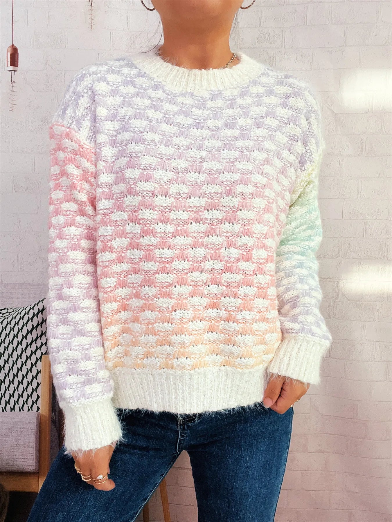 Rainbow gradient crew neck sweater, chunky textured knit with ribbed cuffs and hem