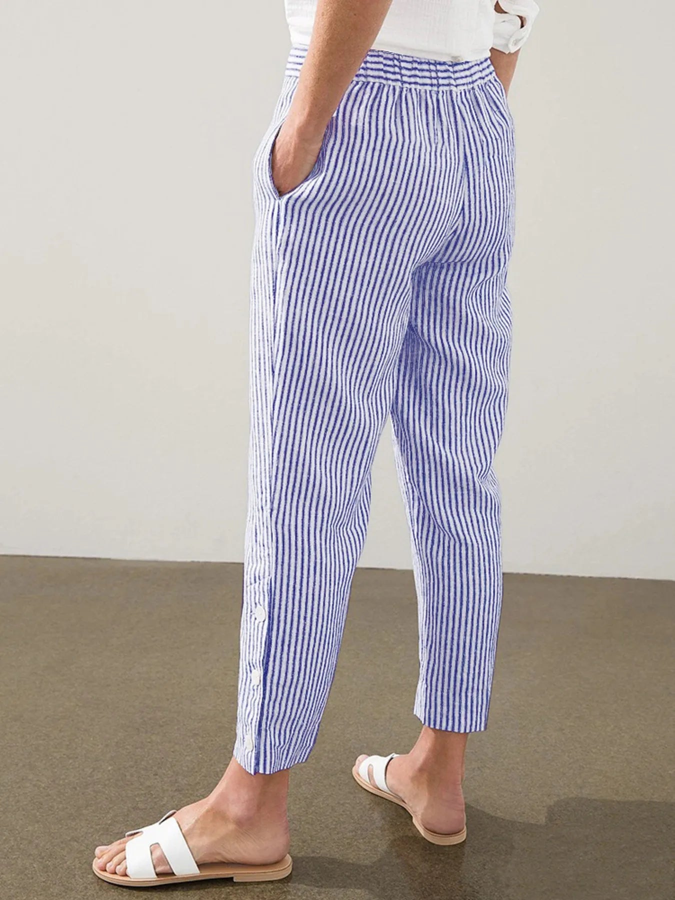 Striped pull-on pants with side button detail, light blue and white, ankle length