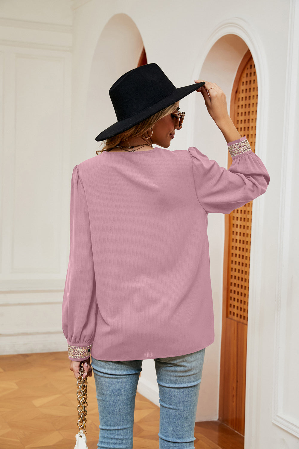 Blush pink contrast V-neck puff sleeve blouse, back view