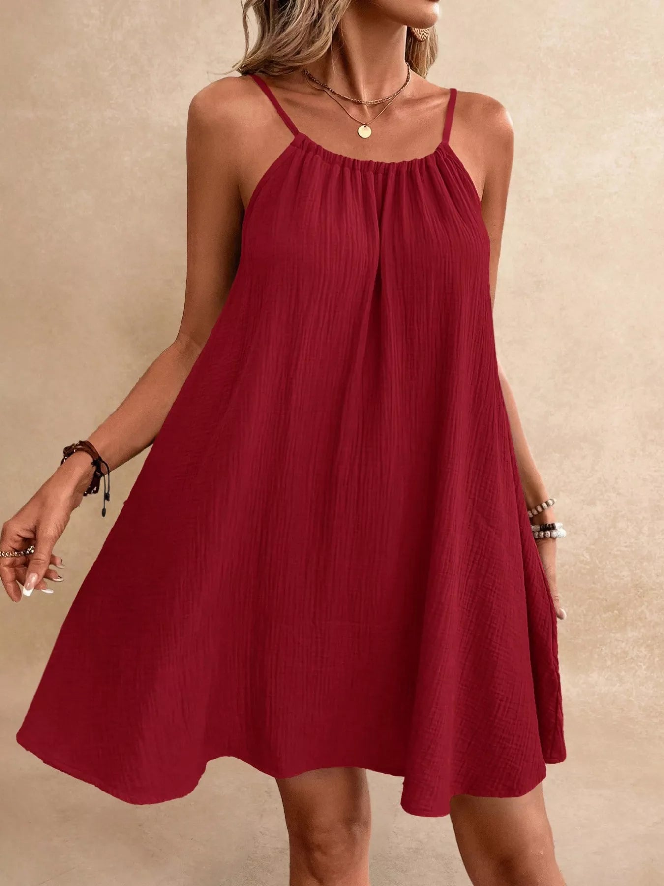 Cedar & Moore Casual Loose Spaghetti Strap Mini Dress in red with a flowy silhouette