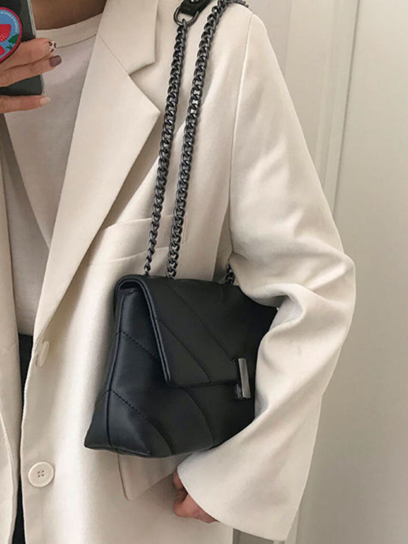 Quilted Chain Shoulder Bag in black PU with a metal chain strap, medium size