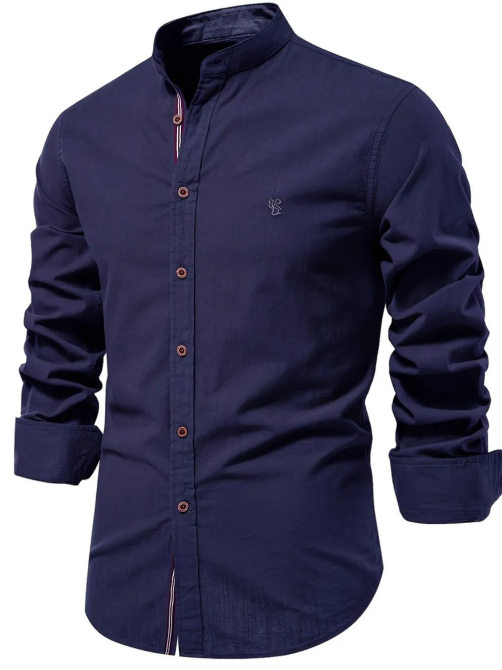 Men's navy button-down shirt with embroidered chest logo and contrast-trim button placket