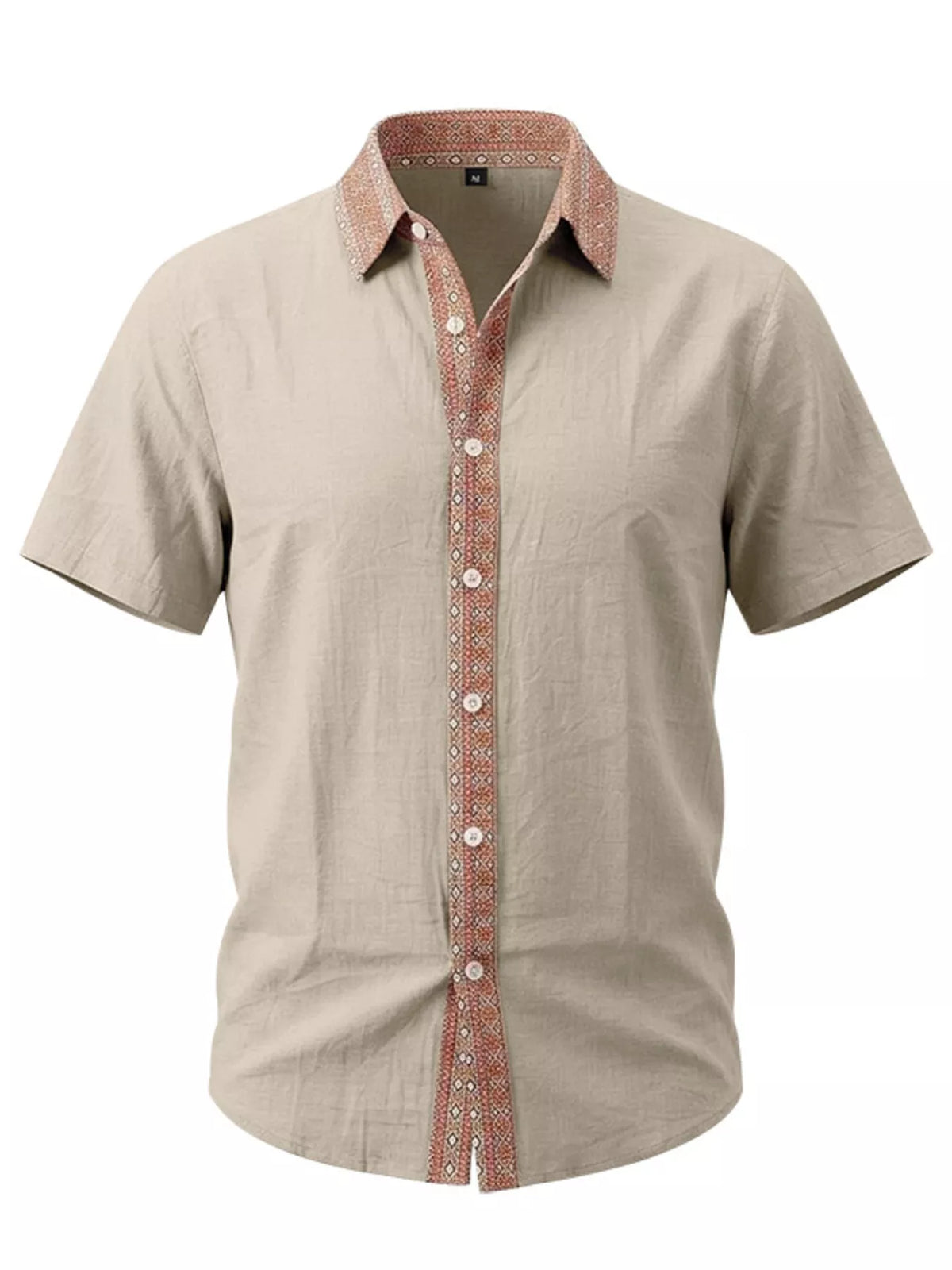 Khaki men’s short sleeve cotton stretch shirt, patterned center placket