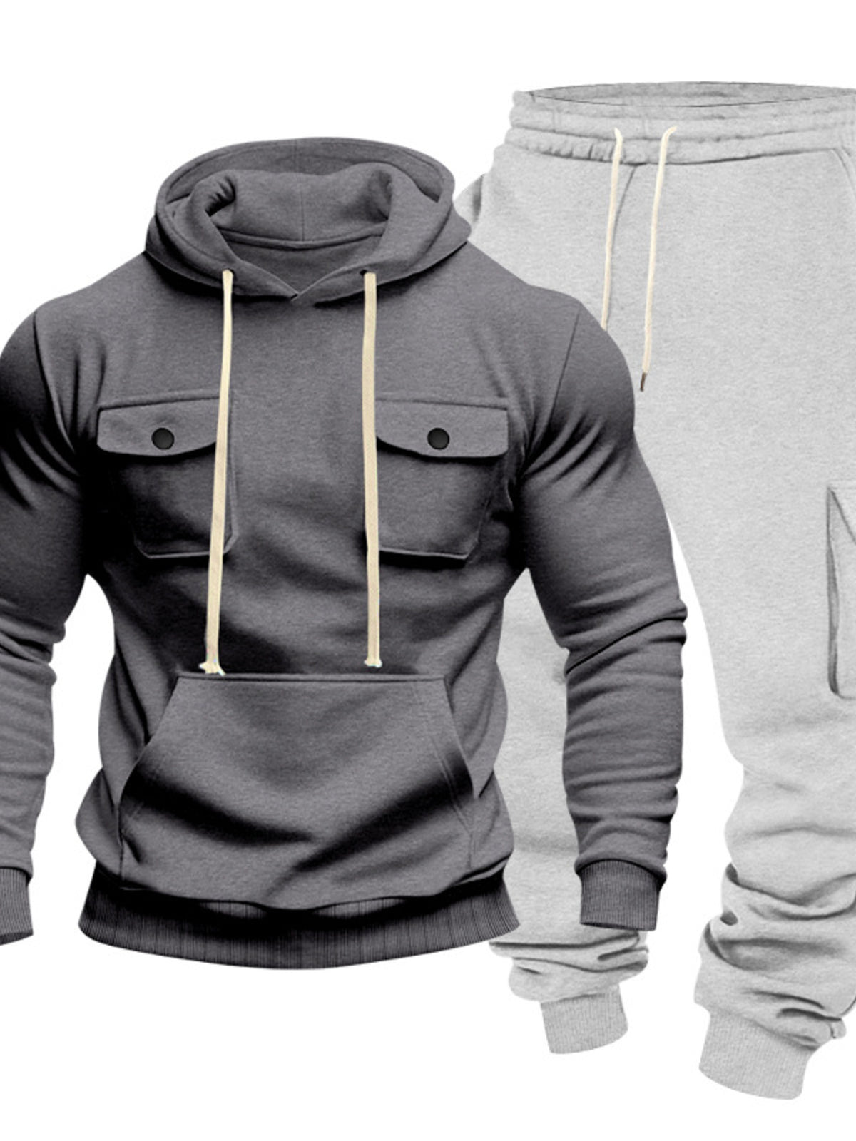 Charcoal gray kangaroo hoodie and light gray sweatpants set for men, front pouch and drawstring