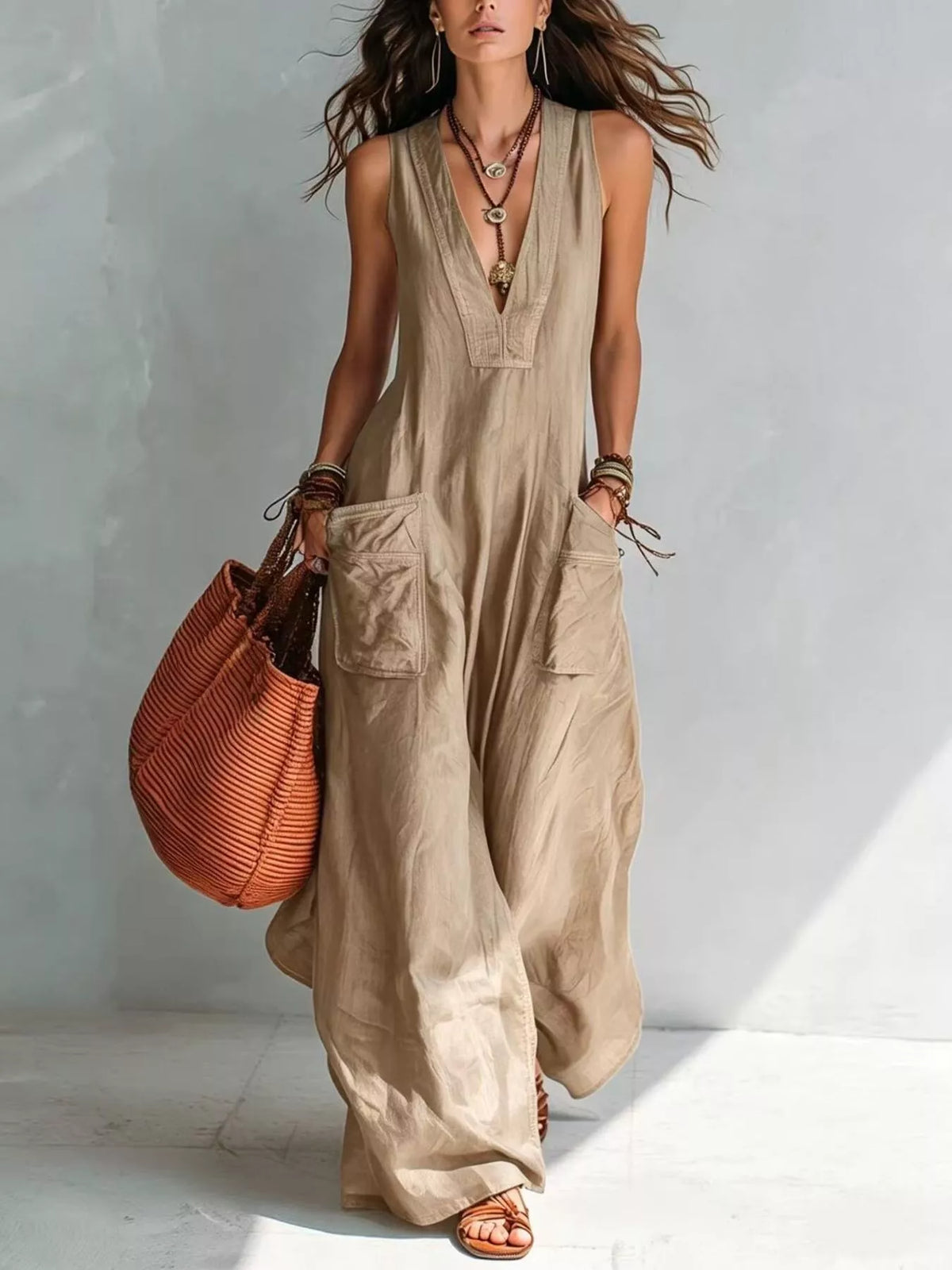 Beige v-neck sleeveless wide-leg jumpsuit with patch pockets and gathered waist