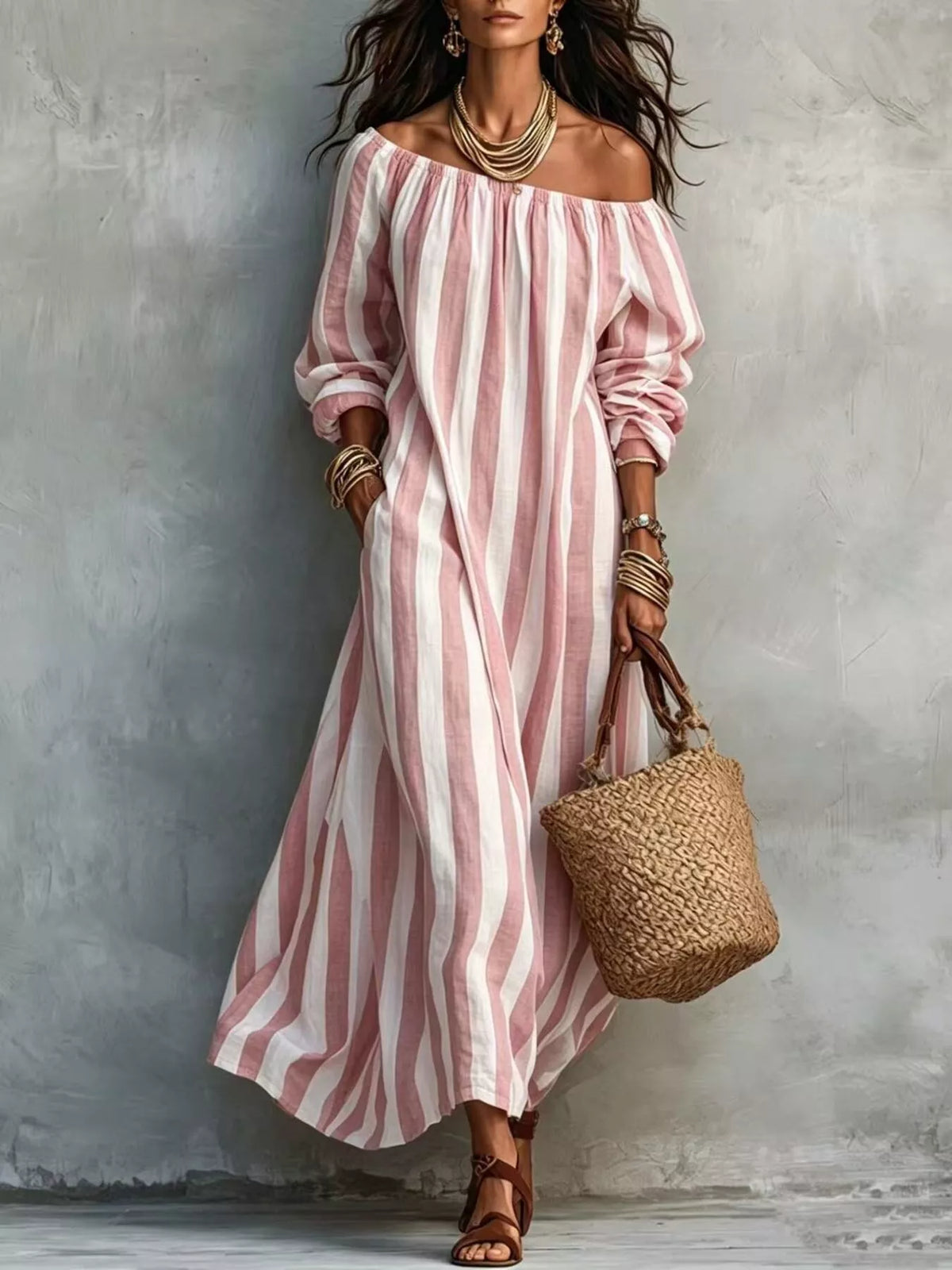 Soft pink and white striped off-shoulder maxi dress with long puff sleeves