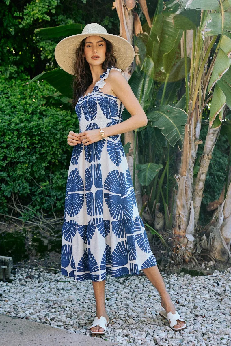 Abstract navy-and-white smocked bodice tiered midi dress, sleeveless