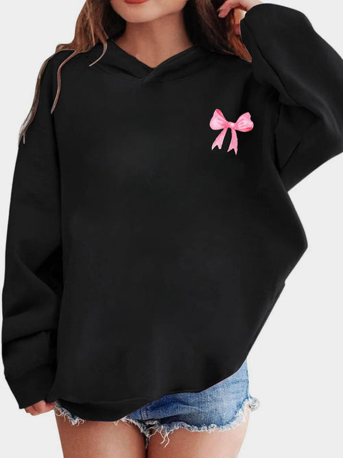 Black long-sleeve hoodie with pink bow applique on the chest