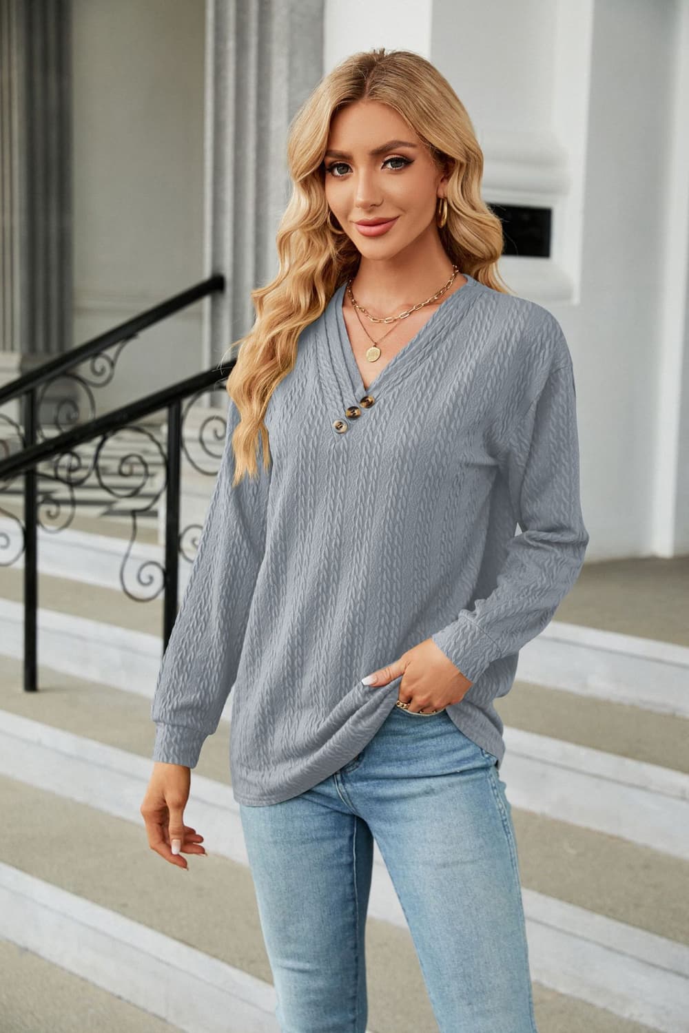 Cedar & Moore Decorative Button V-Neck Long Sleeve T-Shirt in blue-gray, solid pattern by Trendsi