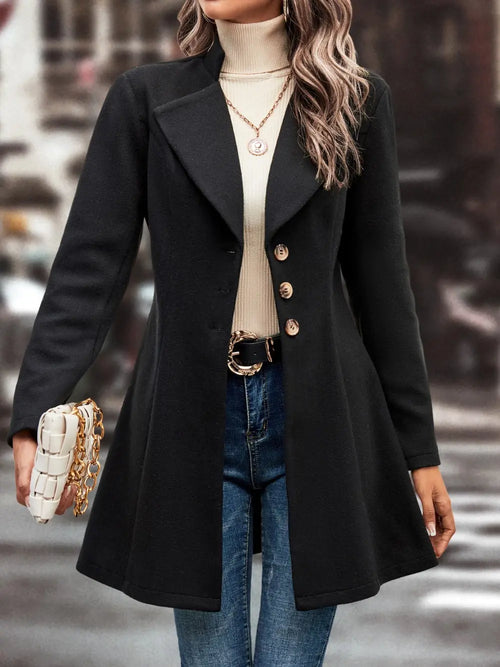 Black longline button-up coat with notched lapels and front button closure
