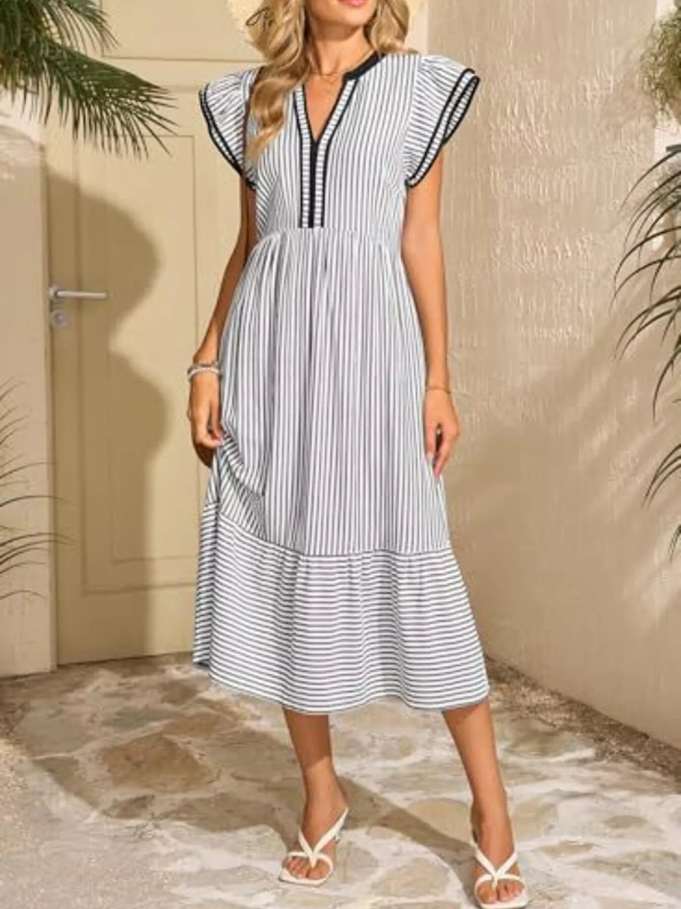Striped Notched Ruffle Sleeve Dress by Trendsi, blue/white, pocketed midi-length