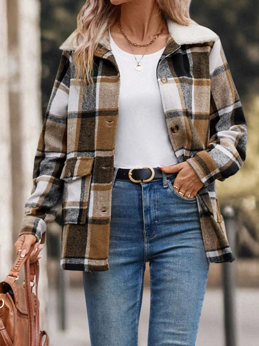 Camel plaid button-up jacket with sherpa collar and chest flap pockets, long sleeves