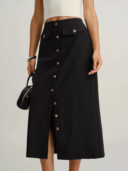 Black button-front midi skirt with patch pockets and gold-tone button placket