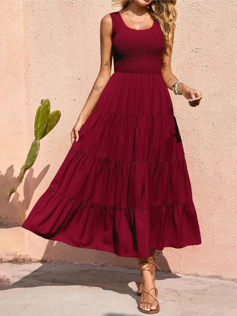 Burgundy tiered smocked wide-strap dress with tiered ruffle skirt