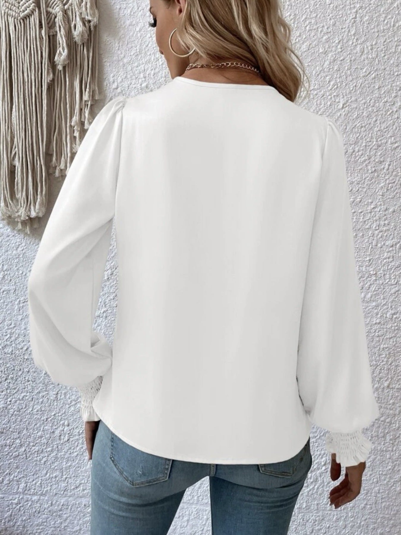 Ruched Surplice Long Sleeve Blouse by Trendsi, white with puff sleeves, back view