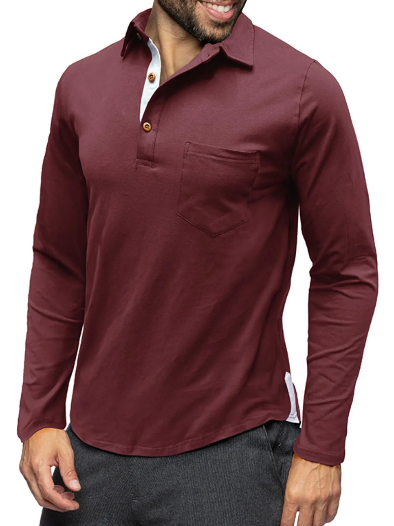Men's long sleeve polo shirt in burgundy, with chest pocket and button placket.