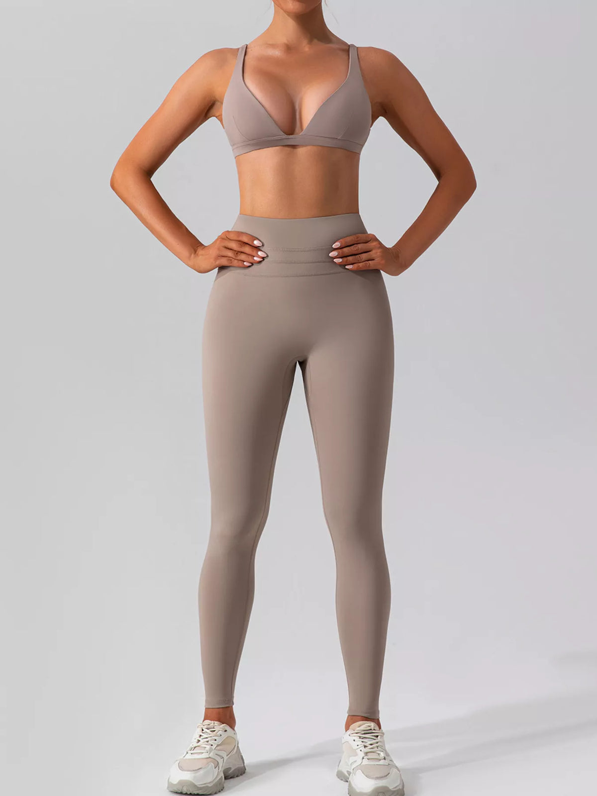 Seamless tank and high-waisted pants set, mocha V-neck bralette crop top and leggings