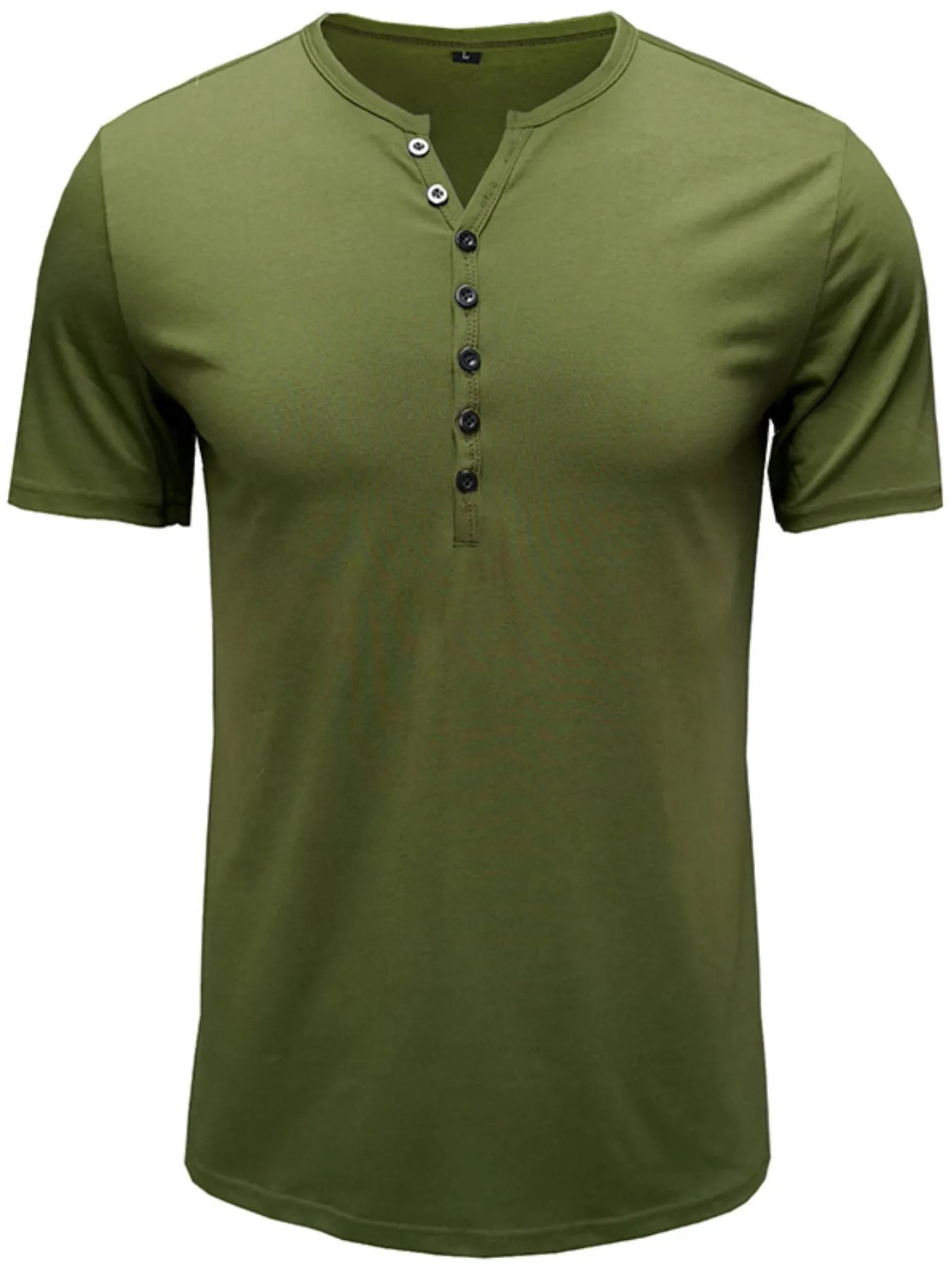 Moss green henley short-sleeve polo shirt with button placket and dark buttons