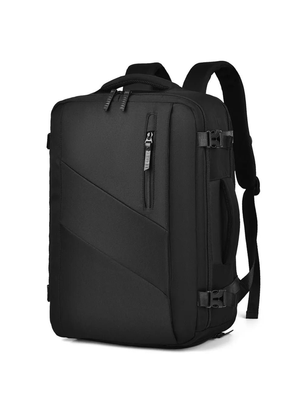 Black canvas backpack bag with front zip pocket and adjustable shoulder straps