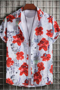 Men's floral short-sleeve button-up shirt with red roses on white base