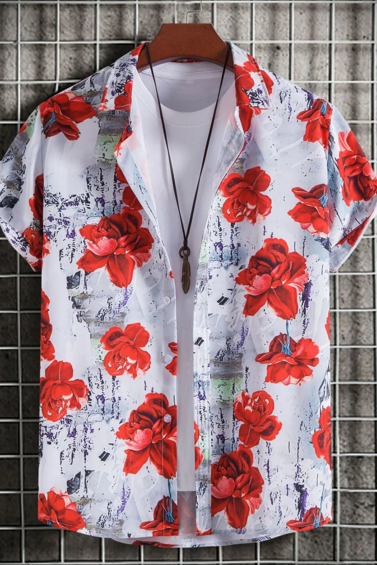 Men's floral short-sleeve button-up shirt with red roses on white base