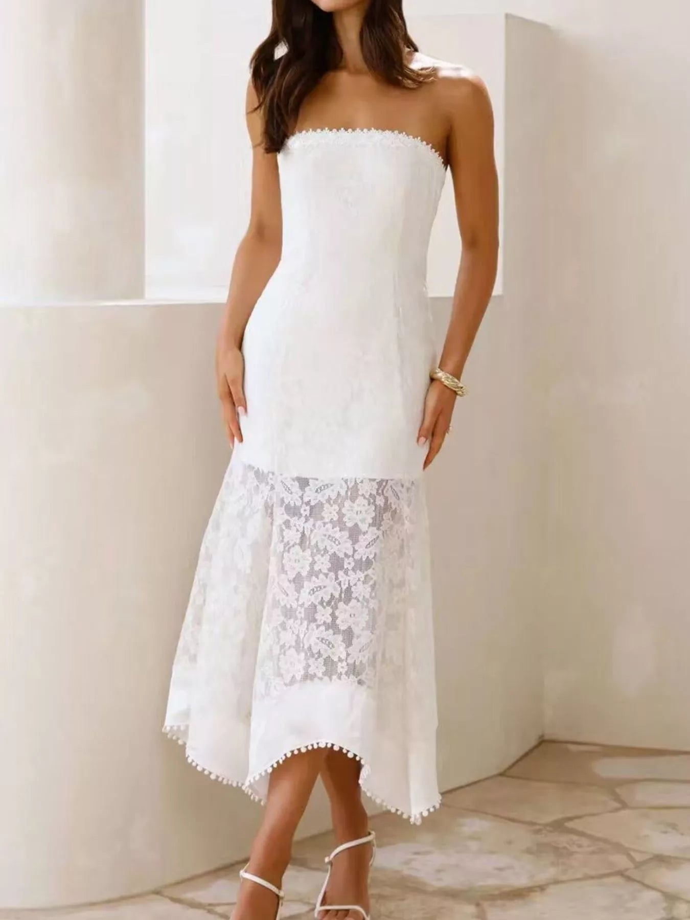 Cedar & Moore Elegant Lace Strapless Midi Dress, white lace, zipper detail
