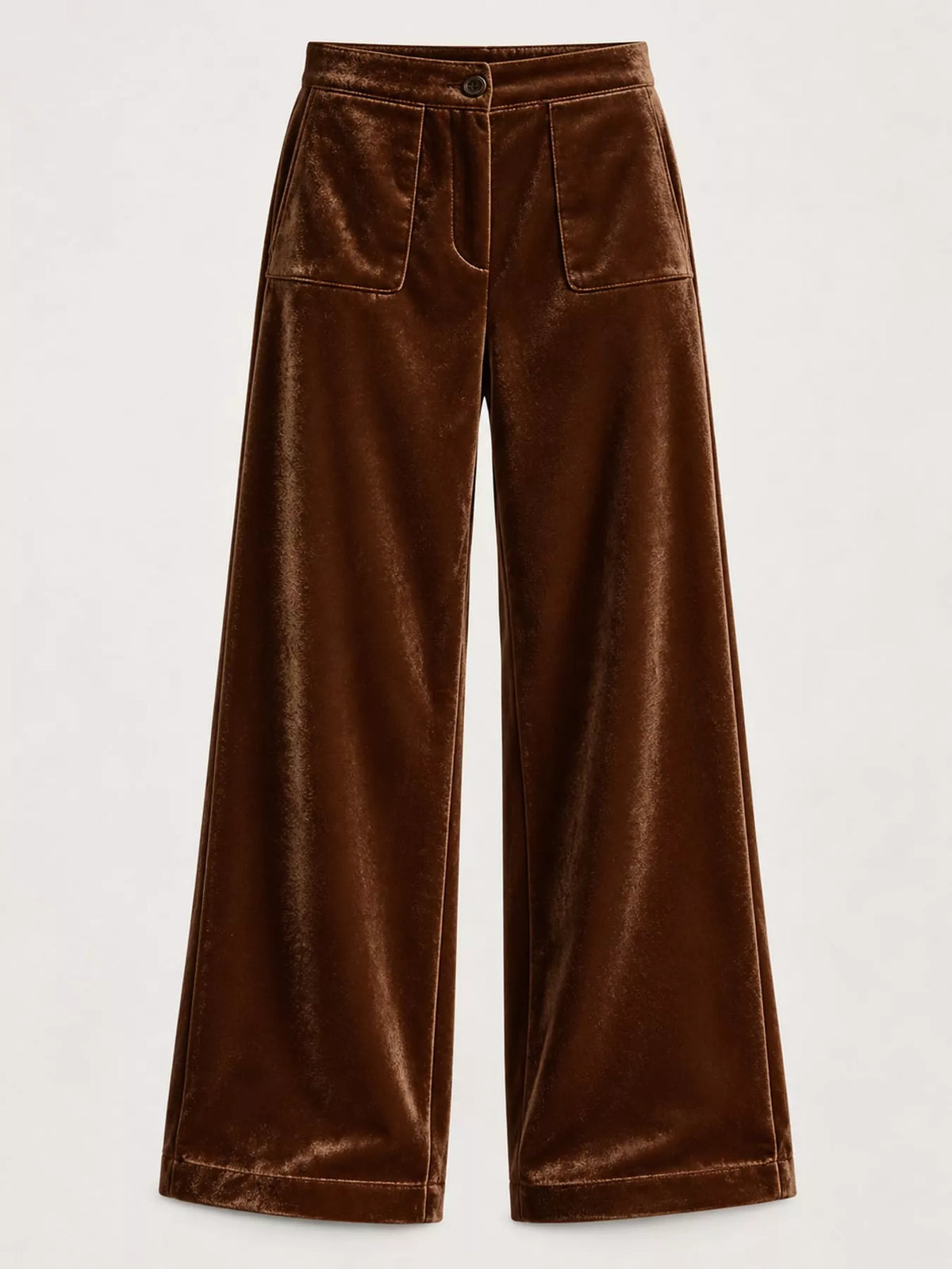 Brown velvet wide-leg trousers with high waist, button closure, and two front pockets