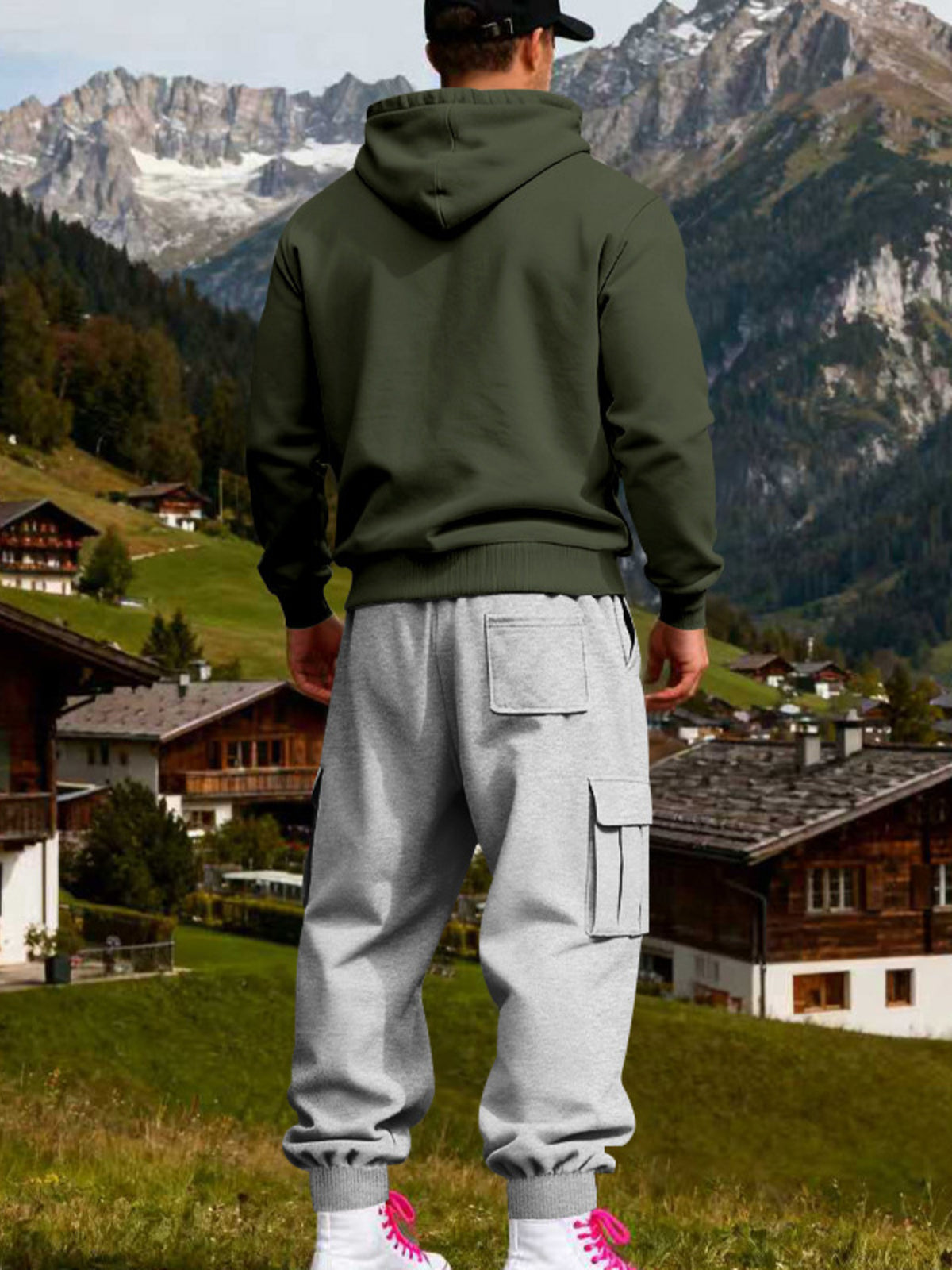 Two-piece kangaroo hoodie set: back view of army green hoodie and light gray cargo pants