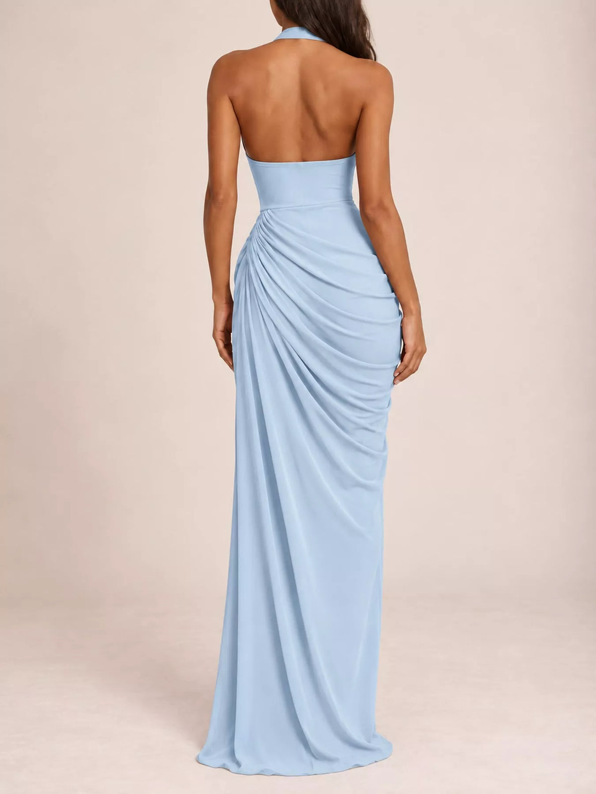 Light blue backless halter maxi dress with ruched drape and floor-length high slit