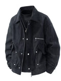 Black corduroy snap-front jacket with zip closure, stand collar, and chest pocket