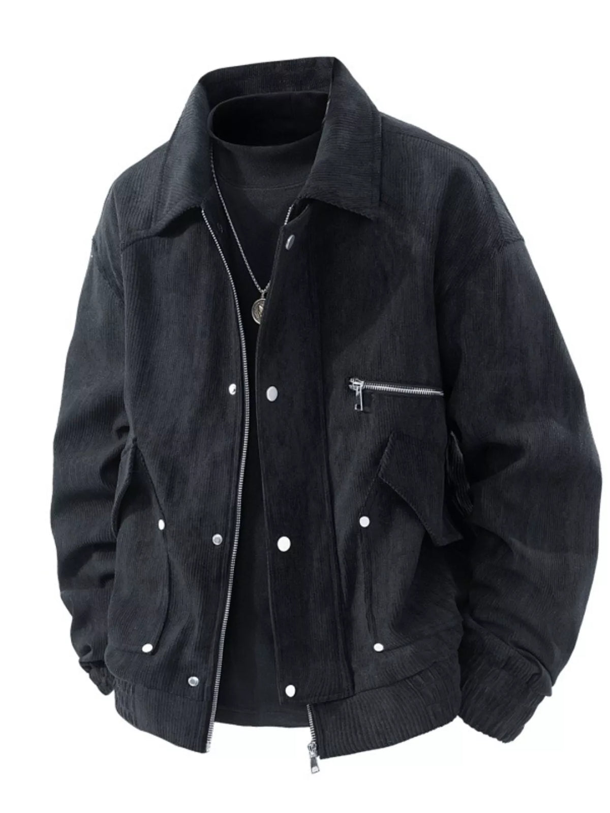 Black corduroy snap-front jacket with zip closure, stand collar, and chest pocket