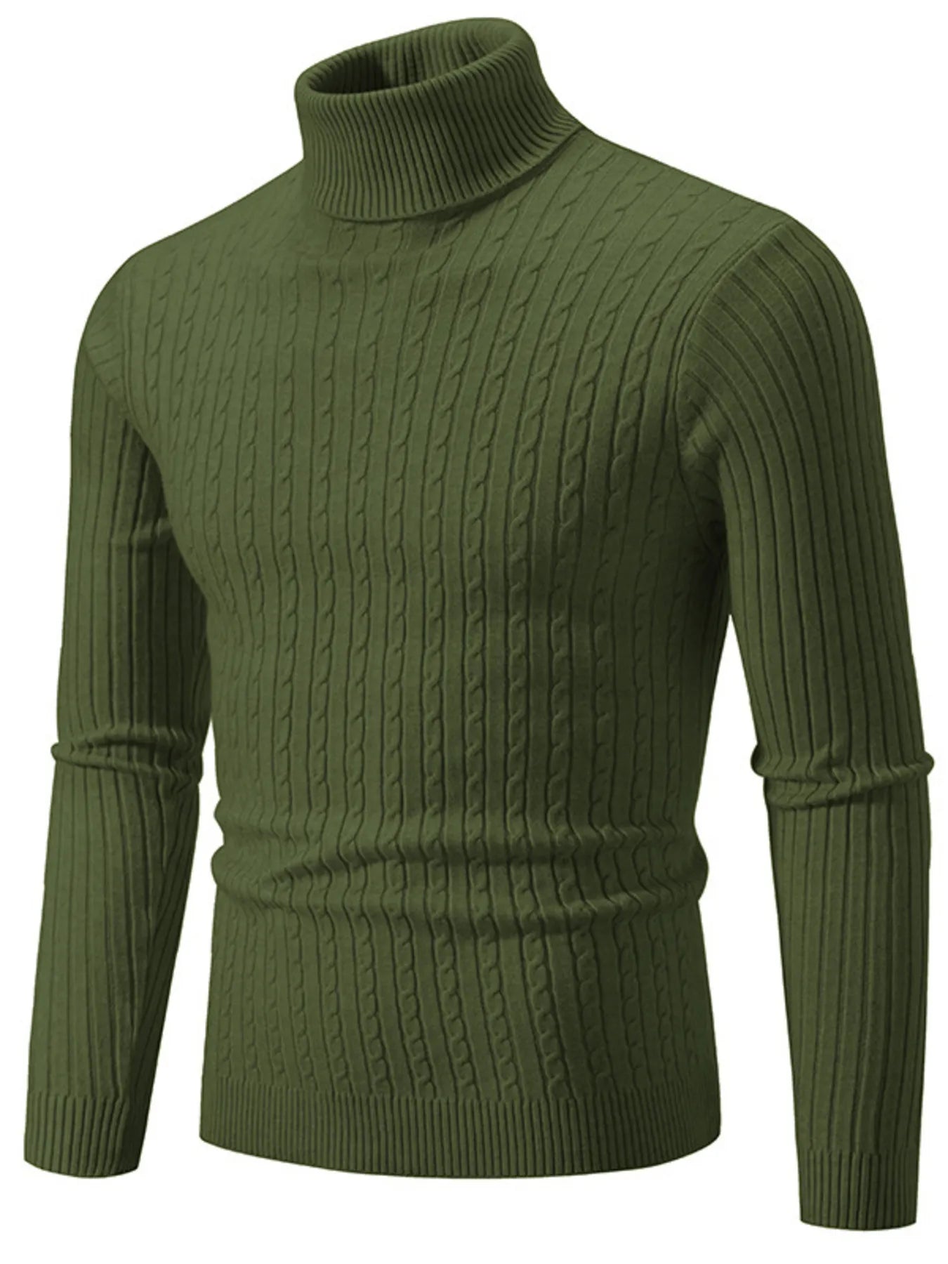 Men's plus size ribbed turtleneck sweater in dark green, long sleeves with knit texture.