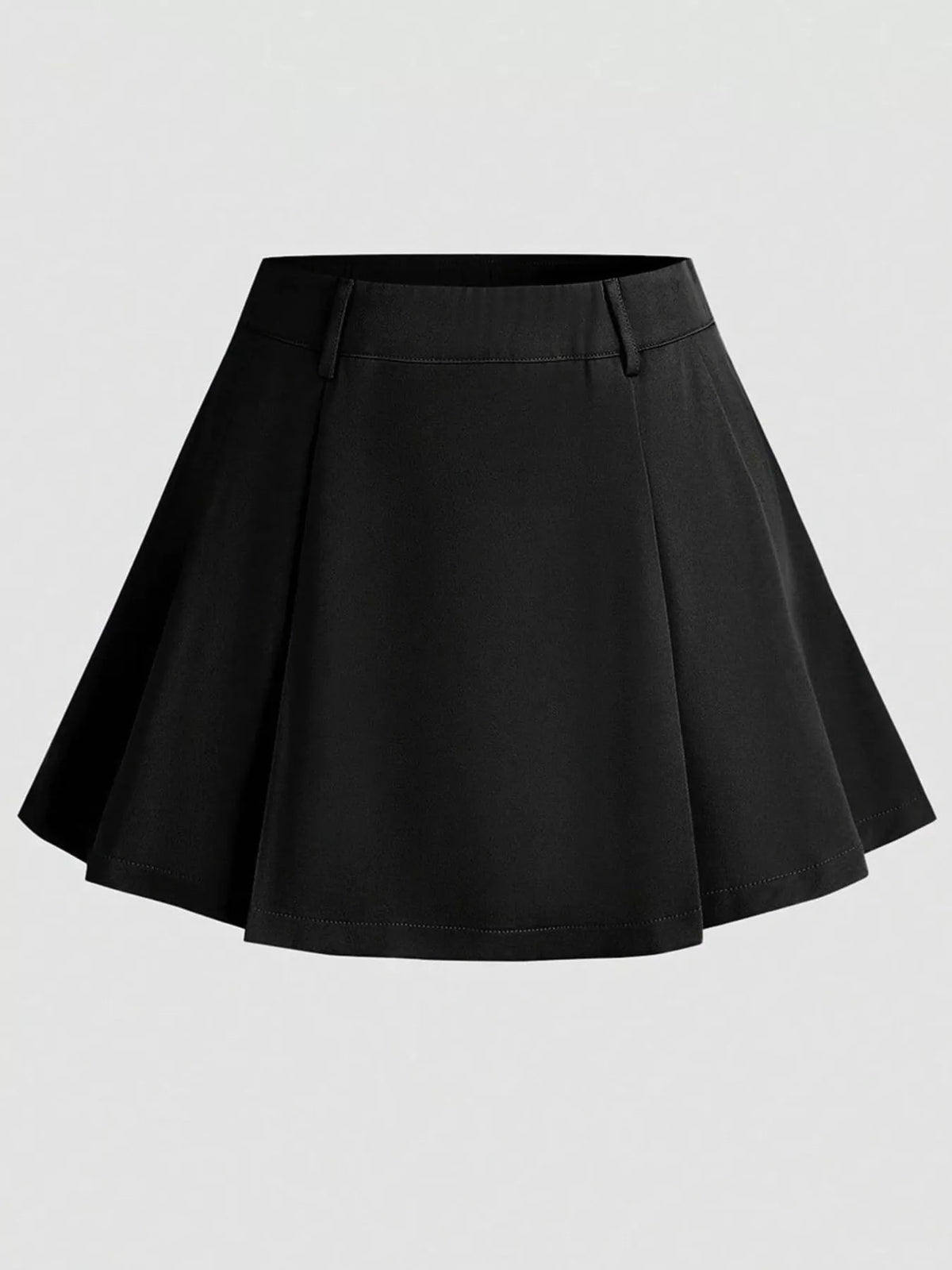 Black high-waisted pleated mini skirt with centered zipper and A-line flare