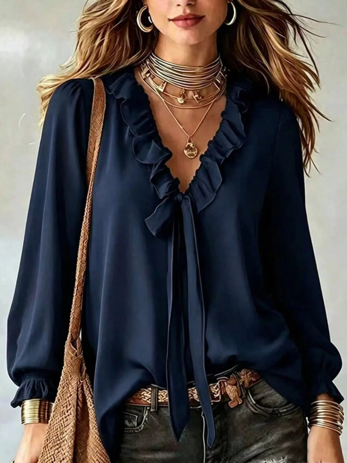 Dark blue ruffle V-neck front-tie blouse top with long sleeves and tie bow