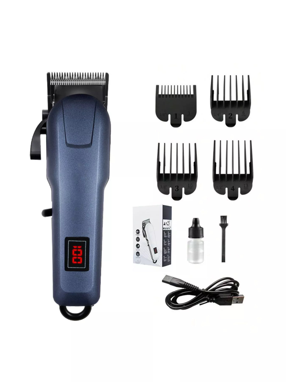 Cordless hair clipper with LED display, dusty blue body and red number, with guards kit