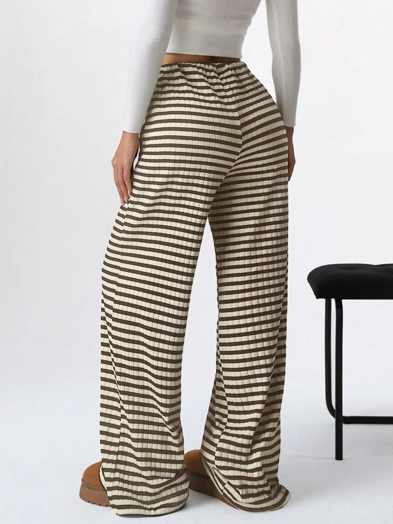 Striped wide-leg drawstring pants, dark and beige allover stripes, relaxed wide legs