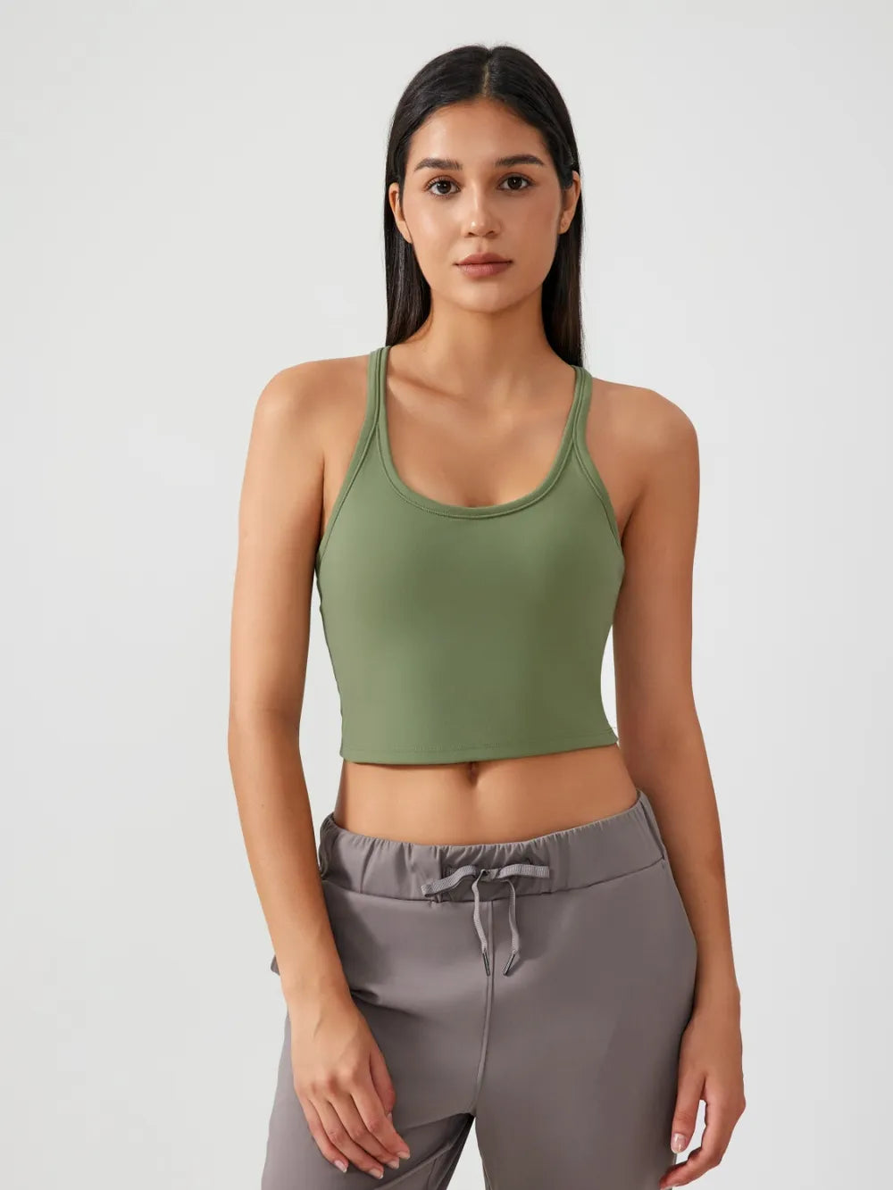 Olive green scoop-neck active tank with racerback straps