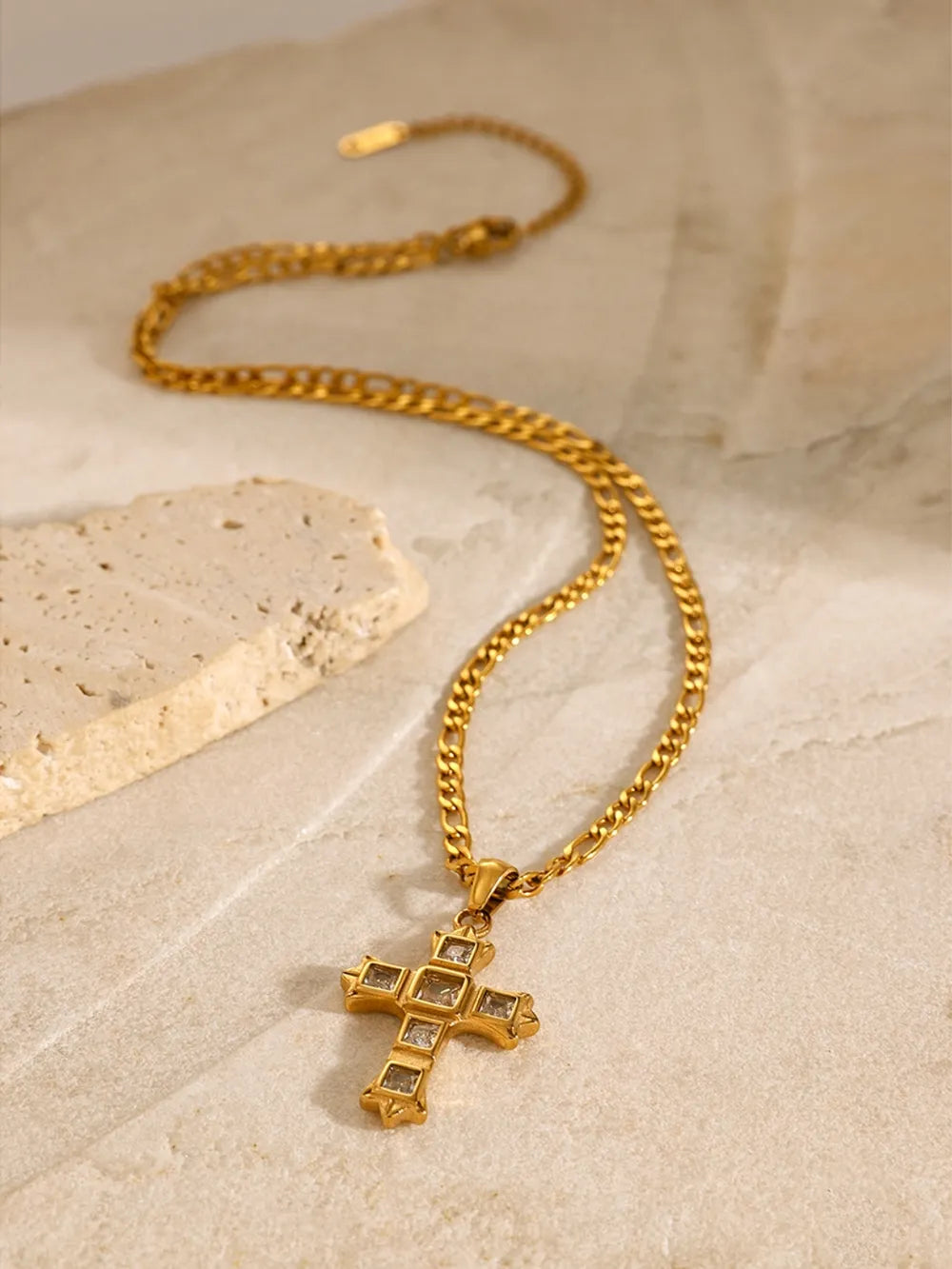 Gold-tone cross pendant necklace with square zircon inset cross