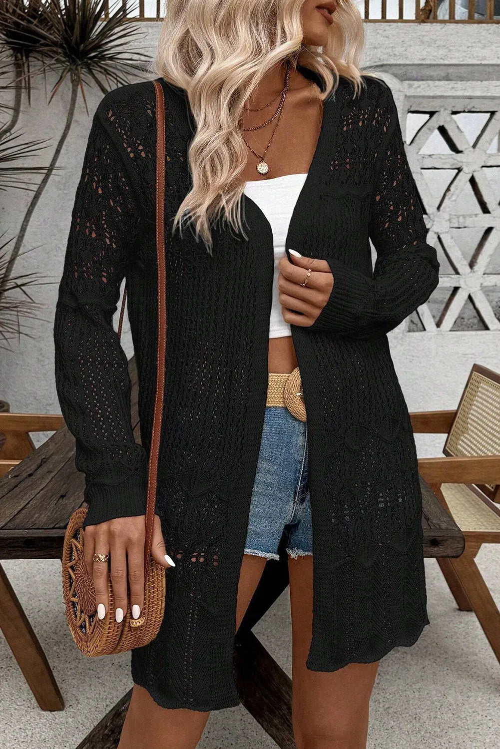 Black open-front long sleeve openwork cardigan with crochet lace pattern