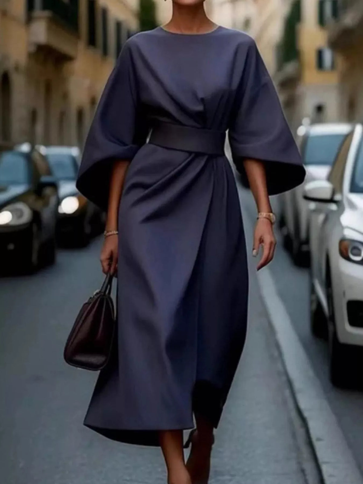 Women\'s navy belted midi dress with kimono sleeves and high waist wrap style