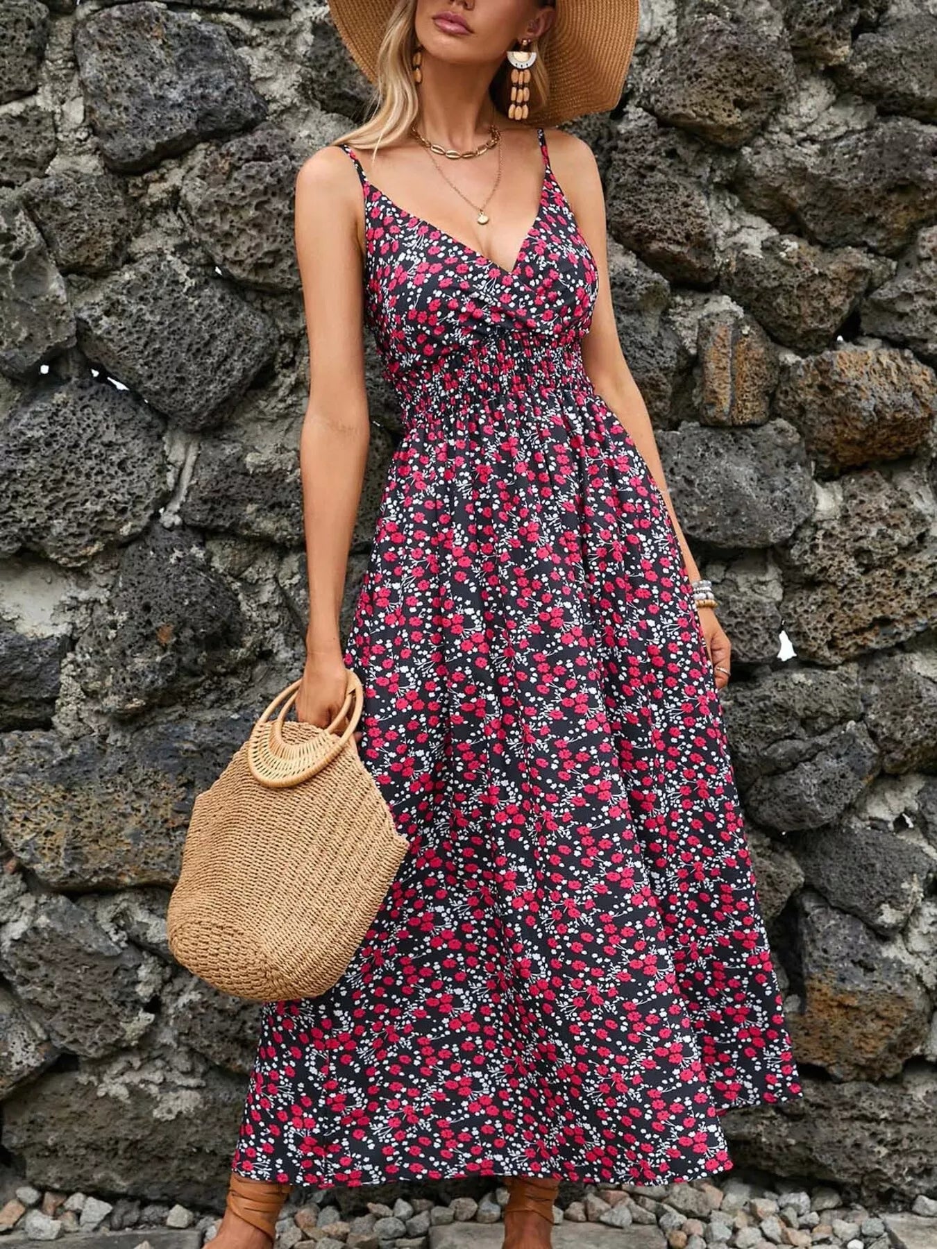 Spaghetti strap midi dress, dark pink floral print, V-neck, gathered waist.