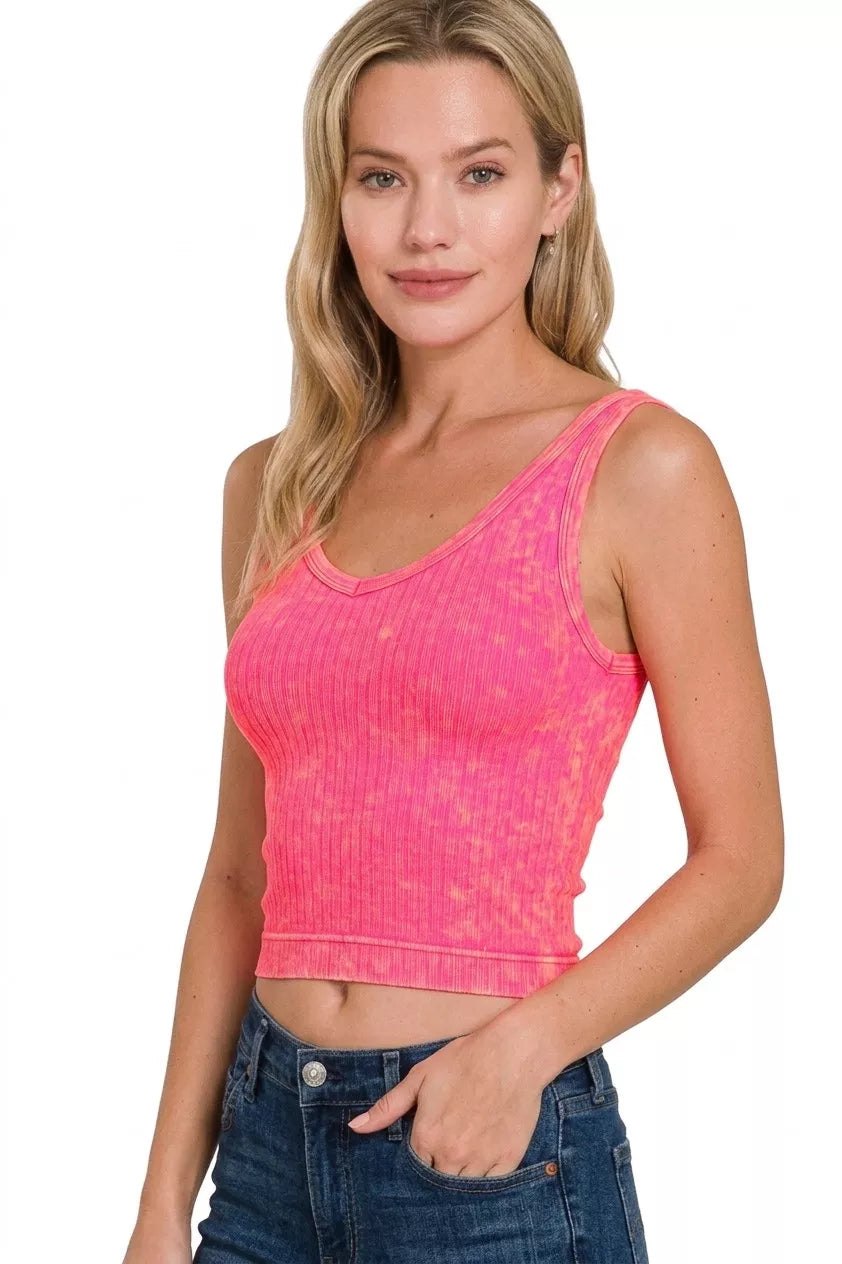 Cedar & Moore Zenana Washed Ribbed Seamless Cropped V-neck Tank Top in coral fuchsia, ribbed fabric, Trendsi