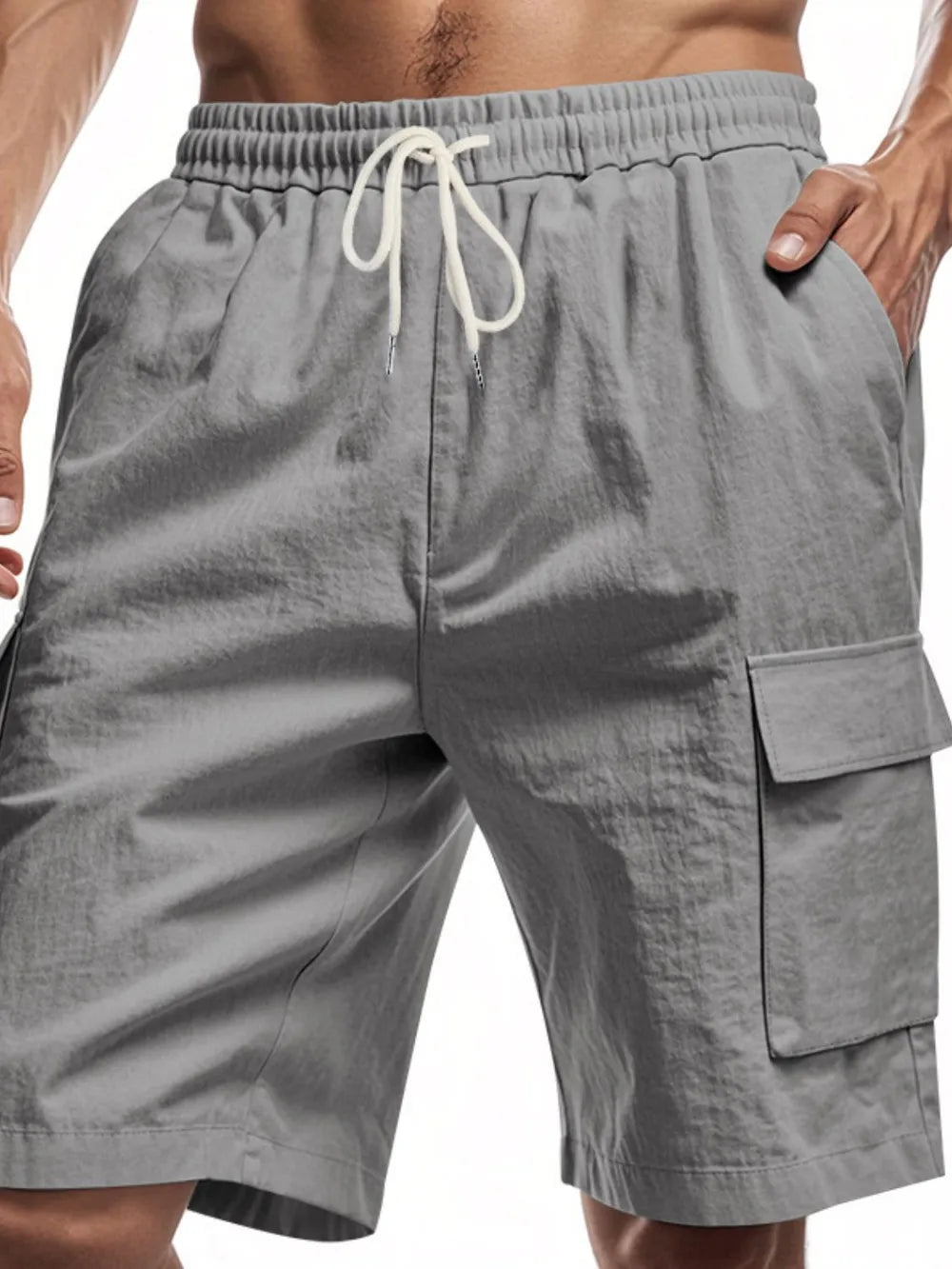 Men's dark gray drawstring cargo shorts with elastic waistband and side cargo pocket