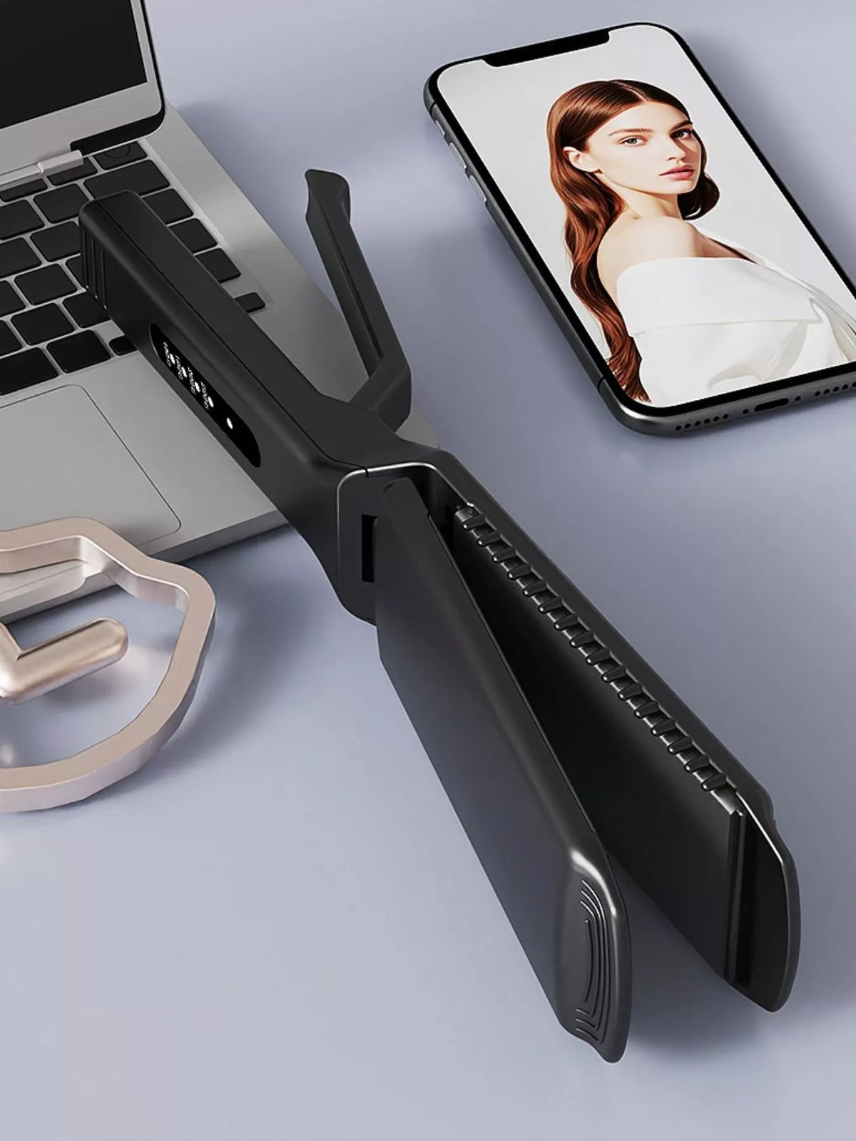Black portable heat hair straightener with vented plates and side control buttons