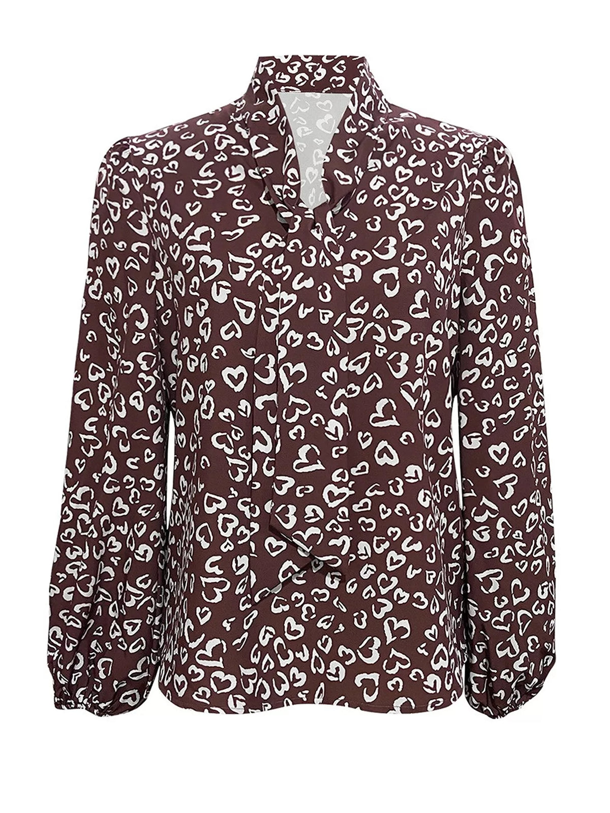 Burgundy printed long-sleeve blouse with bow tie neckline and heart pattern