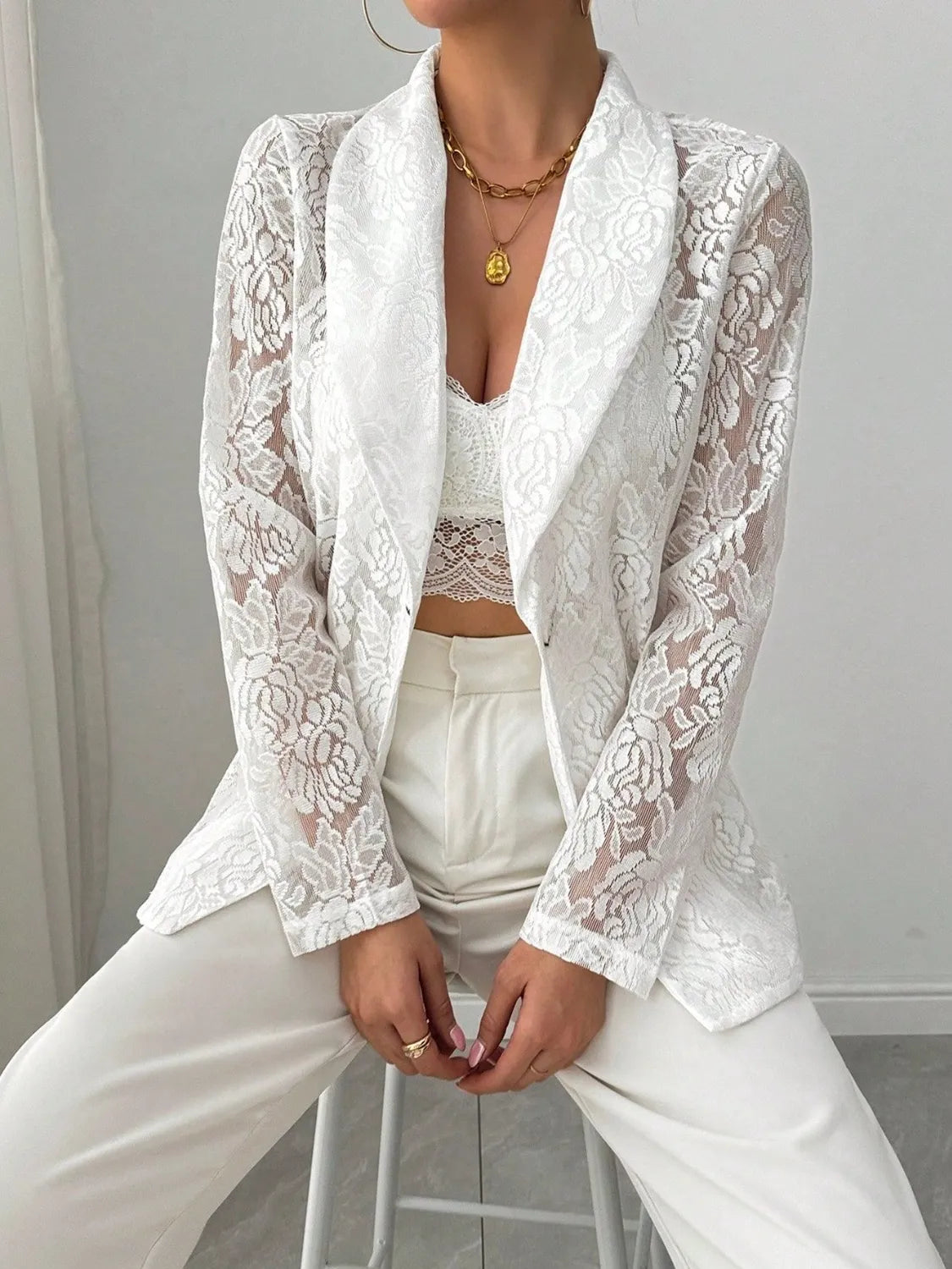 White lace lapel long-sleeve blazer, open front with textured floral detailing