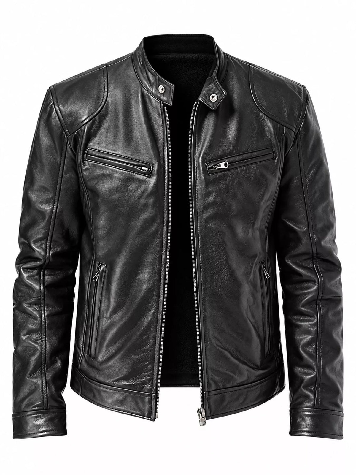 Men's zip-up vegan leather jacket, black with snap collar and front zipper.